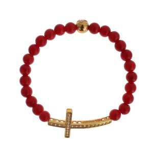 Nialaya Red Coral Gold CZ Cross 925 Silver Women's Bracelet